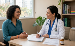 Consulta médica sobre terapia hormonal com acetato de ciproterona para população LGBT+, representando acompanhamento seguro.