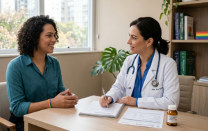 Consulta médica sobre terapia hormonal com acetato de ciproterona para população LGBT+, representando acompanhamento seguro.