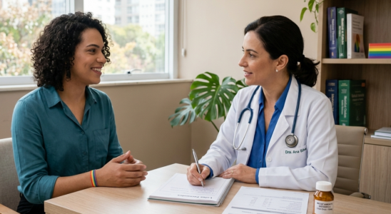 Consulta médica sobre terapia hormonal com acetato de ciproterona para população LGBT+, representando acompanhamento seguro.