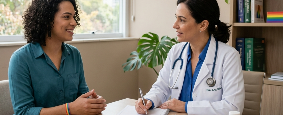 Consulta médica sobre terapia hormonal com acetato de ciproterona para população LGBT+, representando acompanhamento seguro.