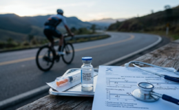 Representação de atleta de endurance e exame laboratorial ilustrando o uso off-label de alfaepoetina em esportes de resistência