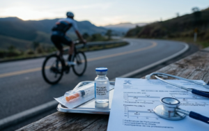 Representação de atleta de endurance e exame laboratorial ilustrando o uso off-label de alfaepoetina em esportes de resistência