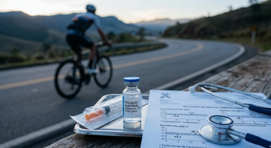 Representação de atleta de endurance e exame laboratorial ilustrando o uso off-label de alfaepoetina em esportes de resistência