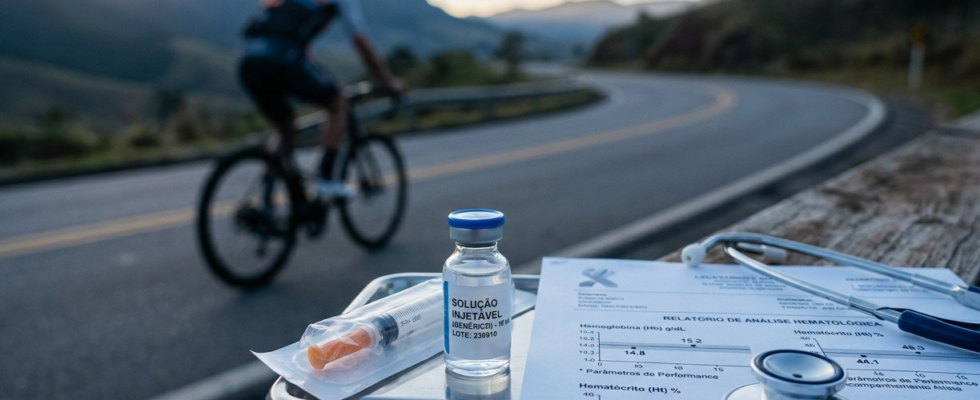 Representação de atleta de endurance e exame laboratorial ilustrando o uso off-label de alfaepoetina em esportes de resistência